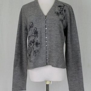 Vintage J. Jill Embroidered Merino Wool Cardigan Mother of Pear Buttons S
